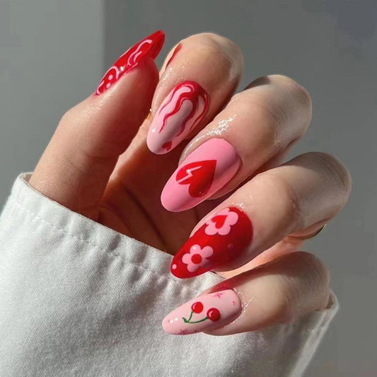 Red Pink Comic Heart Cherry Cute Almond Nail