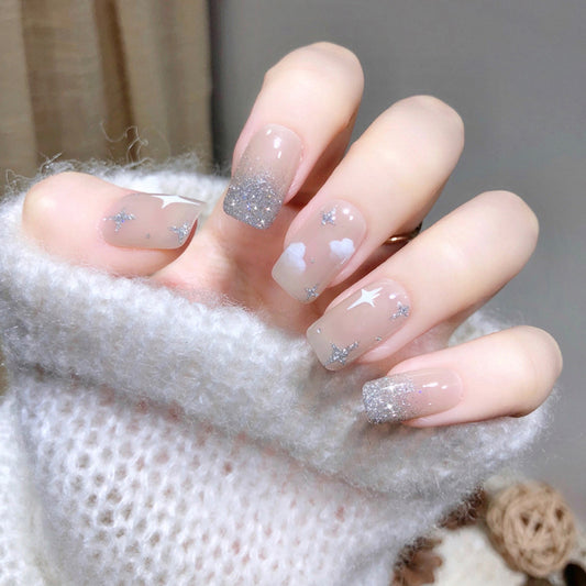 Nude Short Nail with Silver Glitter and Cloud