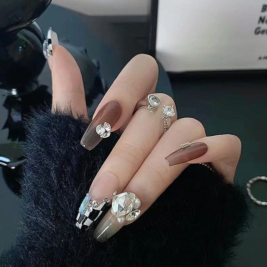 Iced Opium - Checkerboard Long Nail with Diamond Charm