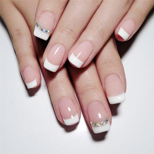 Square Short French Nail with Diamond Chain