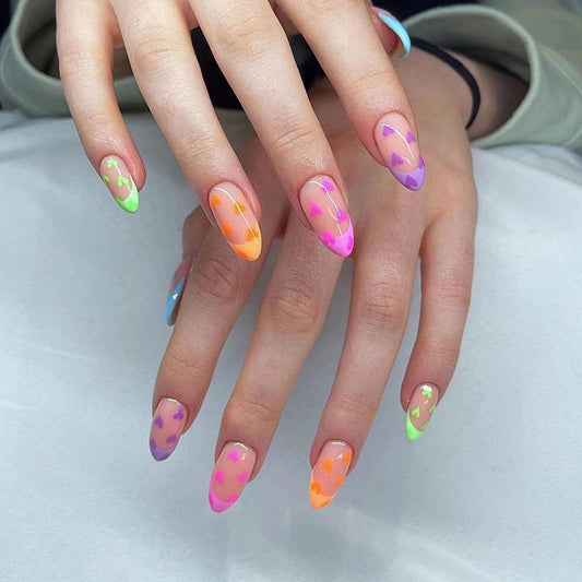 Colorful French Hearts Almond Nail