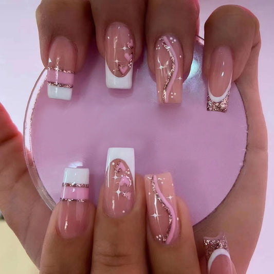Medium Ballerina Pink Heart Nail with Glitter Wave