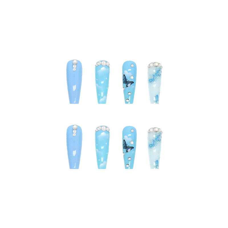 Skyfall - Cloud Blue Long Coffin Nail with Butterfly and Diamond