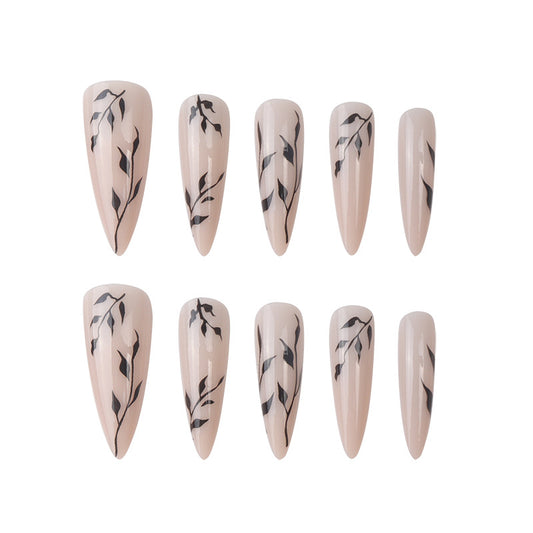 Nude Leaf Elegant Stiletto Long Nails