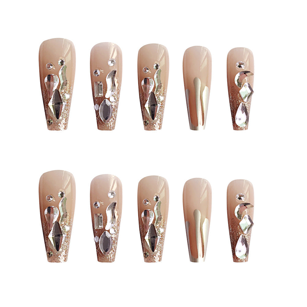 Nude Long Coffin Nail with Diamonds Press on Nails