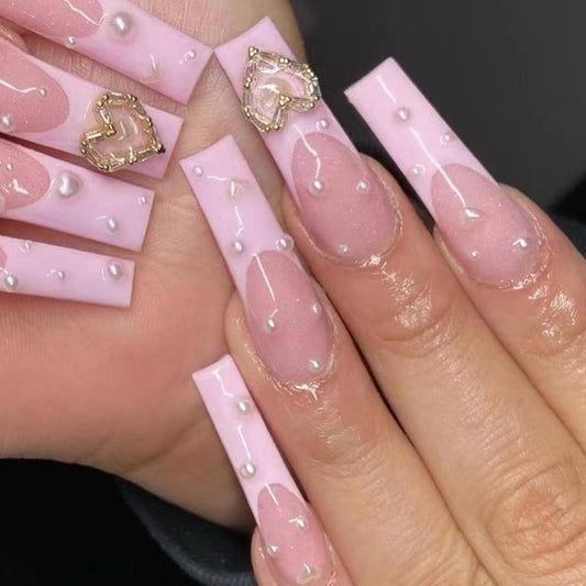 Pink French with Heart Charm and Pearls Long Nail