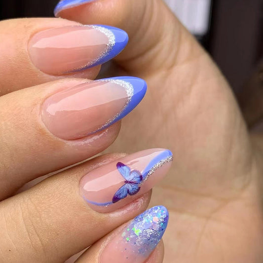 Blue Double Almond French with Butterfly and Glitter