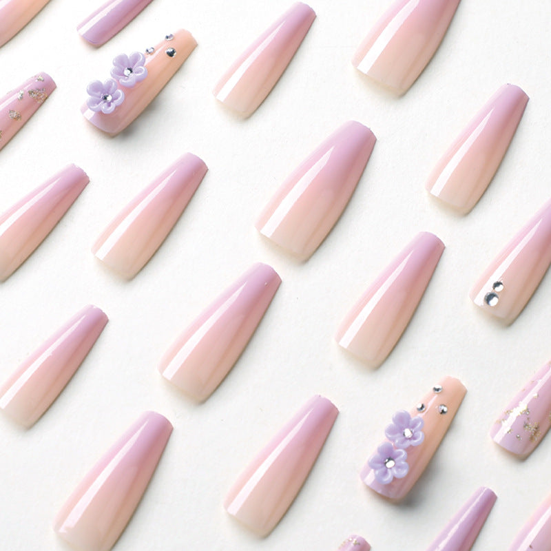 Lilac Ombre Flowers & Diamonds Long Coffin Nail