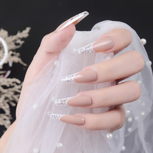 Hollow Heart - Nude French With White Hollow Heart Long Nails