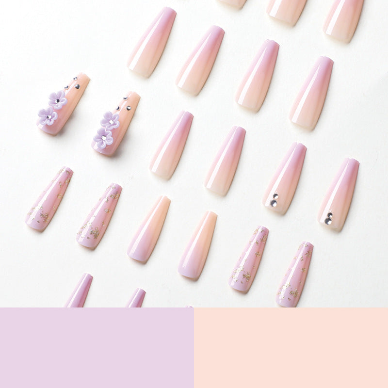 Lilac Ombre Flowers & Diamonds Long Coffin Nail