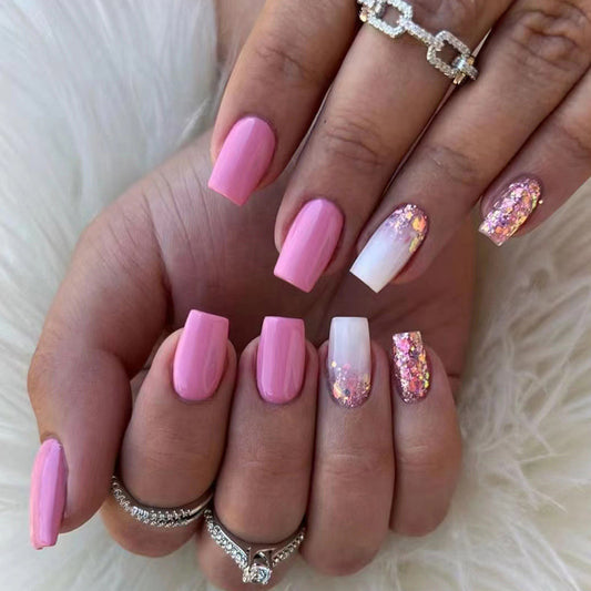 Pink Ombre Short Square Nail with Glitters