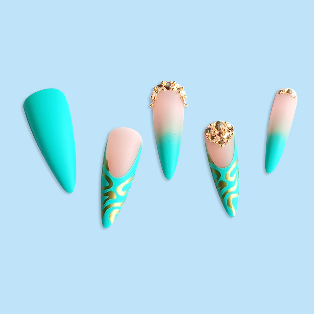 Green Turquoise Stiletto with Gold Diamonds Long Nail