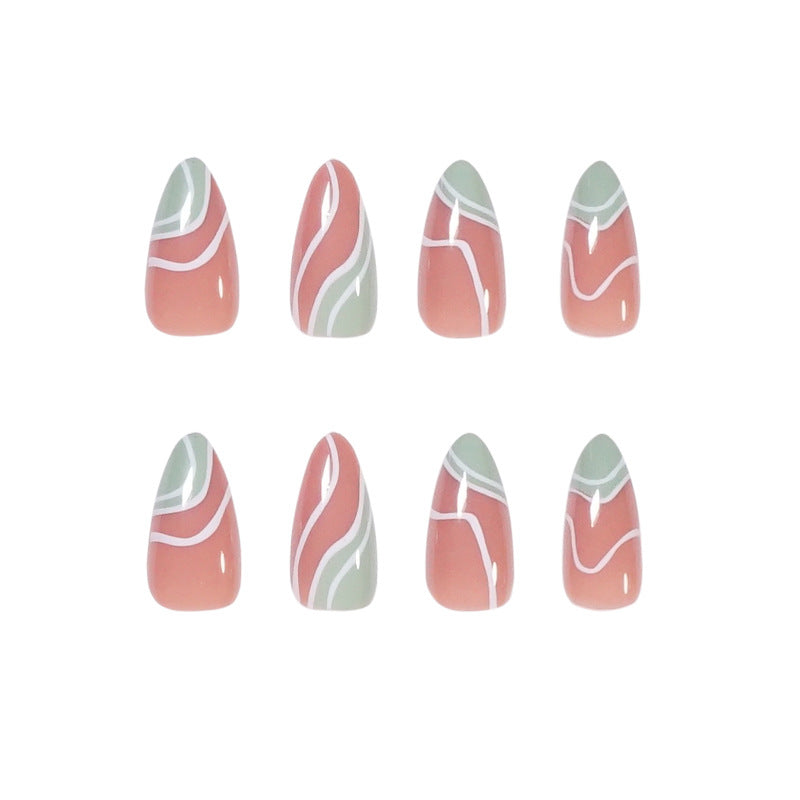 Green French Tip White Wave Almond Press on Nails