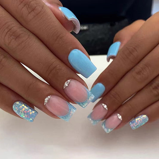 Dawn - Short Square Light Blue French with Glitters and Diamond