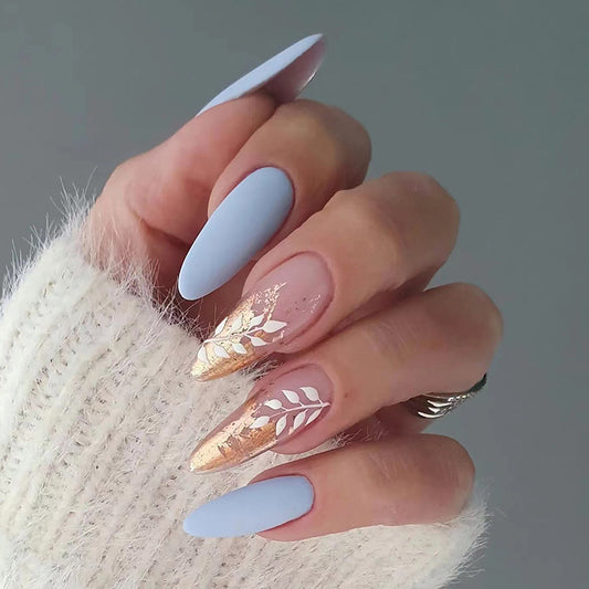 Pastel Blue Almond Nails with Gold Glitters