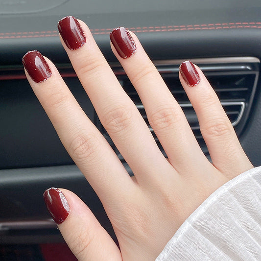 Short Square Red Wine with Gold Foil Fake Nail Live N. 22