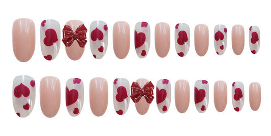3D Bow with Hearts Squoval Beige Translucent Nail