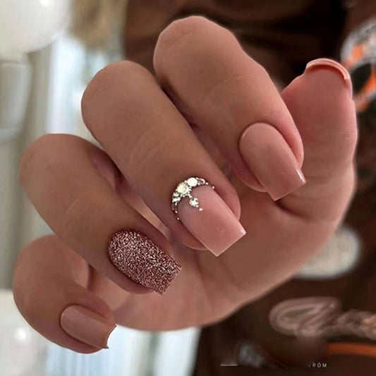 Mocha Ombre Short Square Nail with Glitter and Diamond