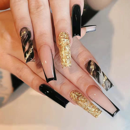 Luxurious Ink - Black Marble Gold Foil Long Nail