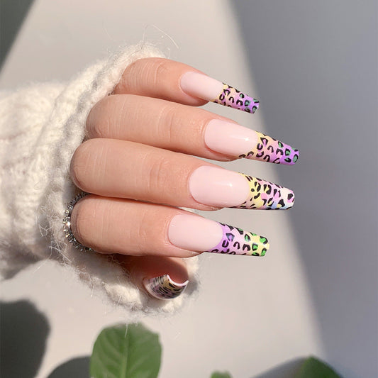 Gradient Colorful Leopard French Coffin Press on Nail