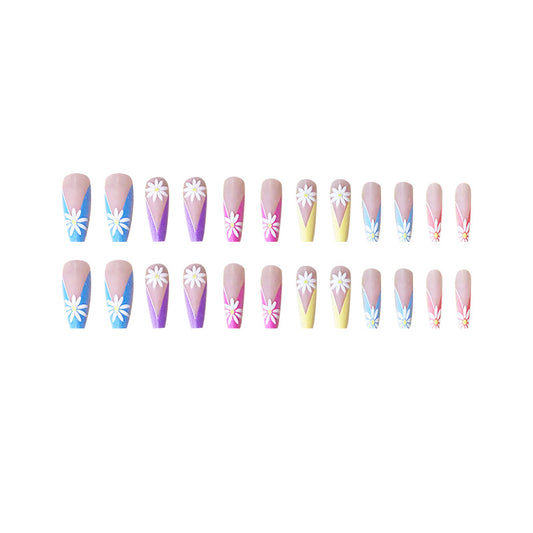 Colorful Daisy V French Long Nails
