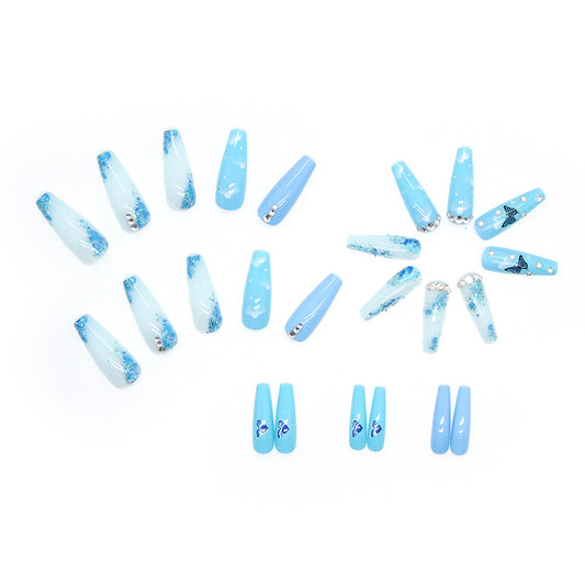 Skyfall - Cloud Blue Long Coffin Nail with Butterfly and Diamond