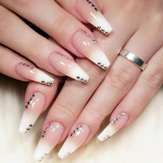 Nude Babyboomer with diamonds Long Coffin Nails