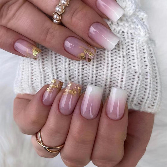 Pink Short Square Nail With Golden Glitters