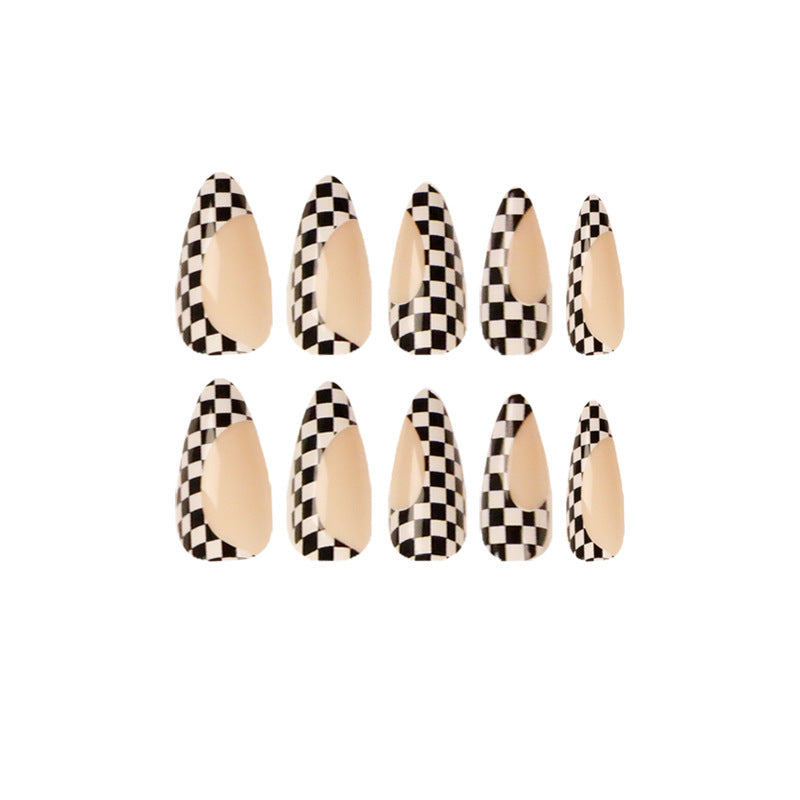 Checkerboard French Stylish Almond Beige Daily Chic Press on Fake Nails