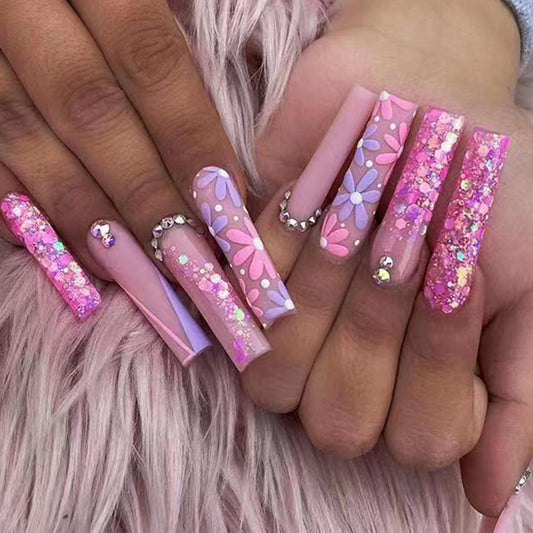 Pink n Lilac Long Nail with Glitters and Flowers