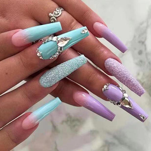 Blue & Lilac Long Nails with Diamond