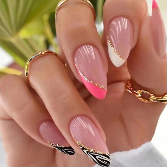 Flamingo - Inclined Zebra Pink French With Glitter Almond Medium Nail