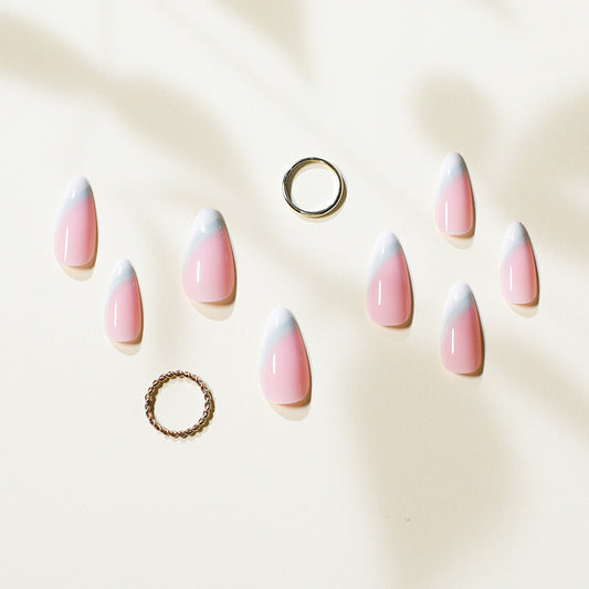 Inclined Pink French Almonds Nail with White Tips