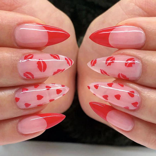 Passionate Date - Red Almond Nail with Kiss & Heart