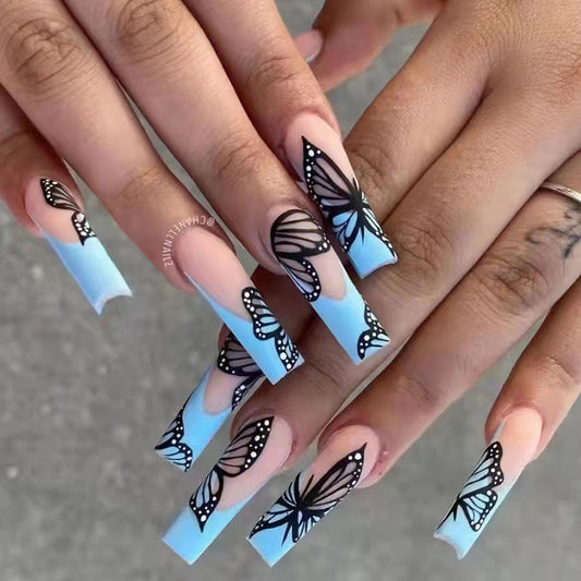 Baby Blue Butterfly French Long Nail