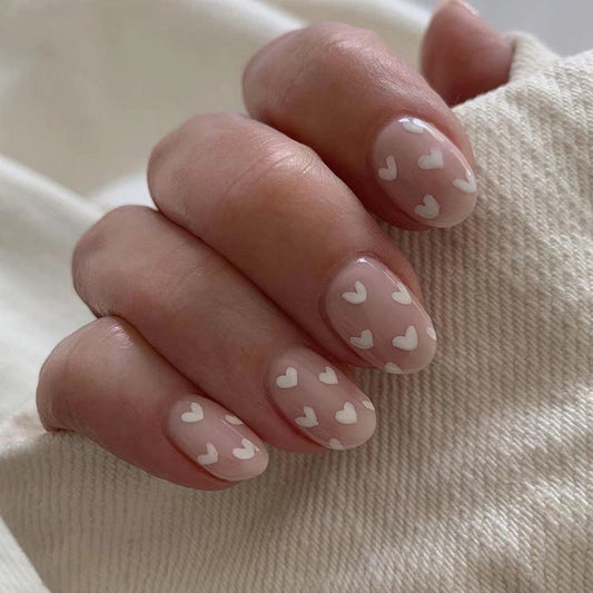 White Valentine - Short Round Nude Nail with Hearts