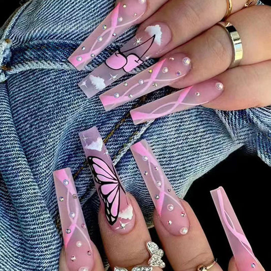Cherry Queen - Pink Long Coffin Diamond Nail with Cherry and Butterfly