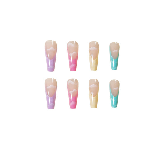 Glossy Rainbow Macaron Colorful Tip French with Clouds  Coffin Press on Nail