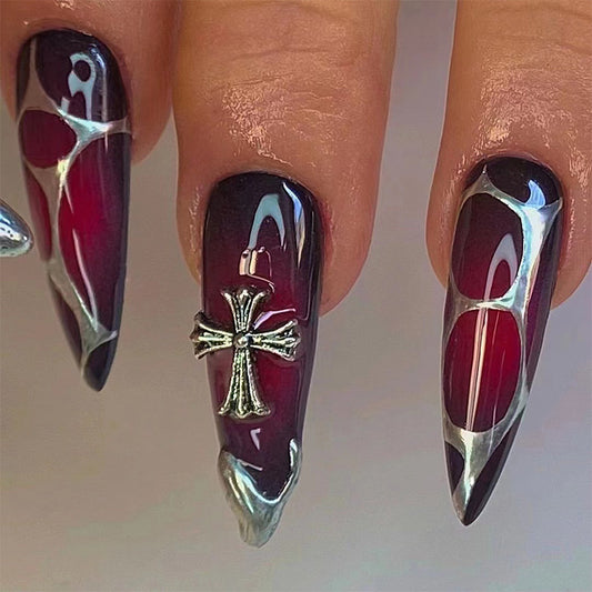 Miss Vampire - Red & Black Stiletto Nail with Silver Star