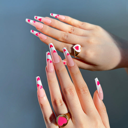 Pink Heart French Long Coffin Nails
