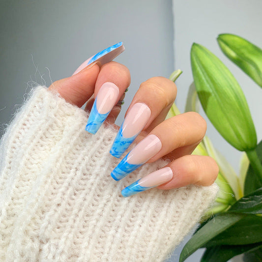 Blue Sea Wave French Nude Base Coffin Press on Nail