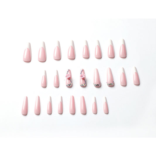 Long Deep French Ombre Coffin Nail with Flower Charm