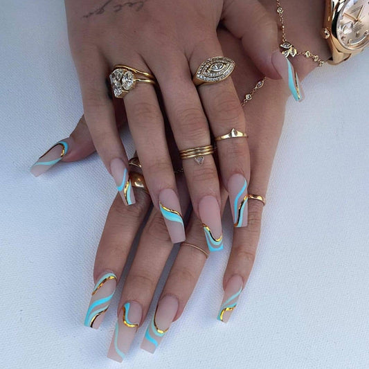 Gold Turquoise Wave Long Nail