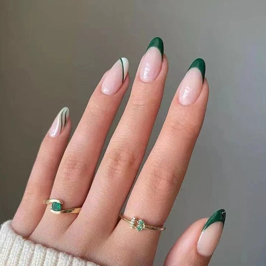 Stylish Forest Green French Almond Press on Nails