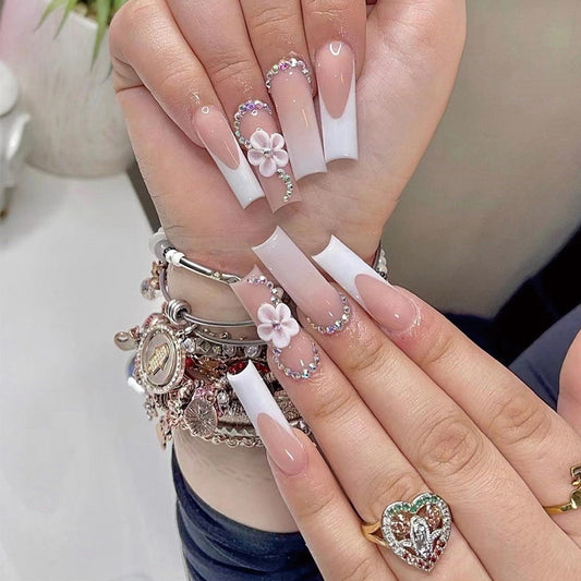 Long Deep French Ombre Coffin Nail with Flower Charm