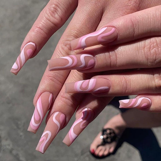 Rose Nude Pink Wave Coffin Press on Nails Live N. 48