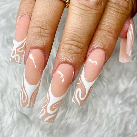 Long Coffin Marble Nude French Nail