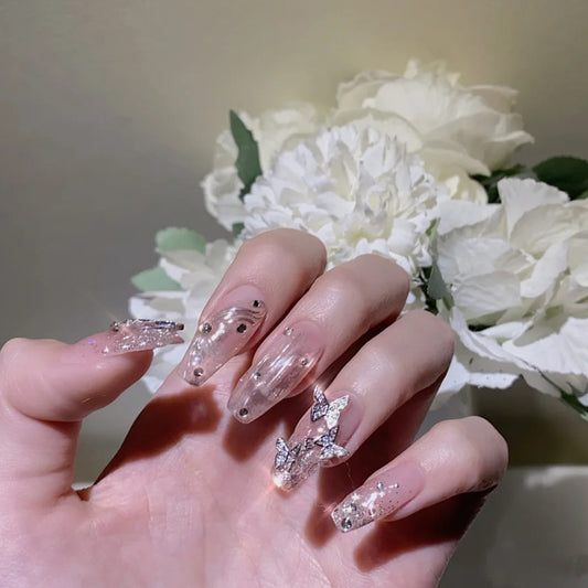 Silver Glitter Milk Way Coffin Nails with Butterfly Charms
