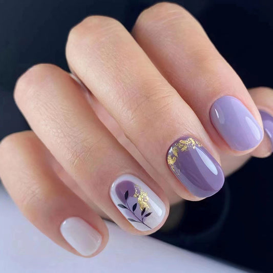 Purple Lilac Diamond Small Round Nail with Flower gold foil