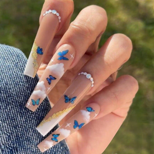 Maldive Dream Butterfly Cloud White V Long Coffin Nails